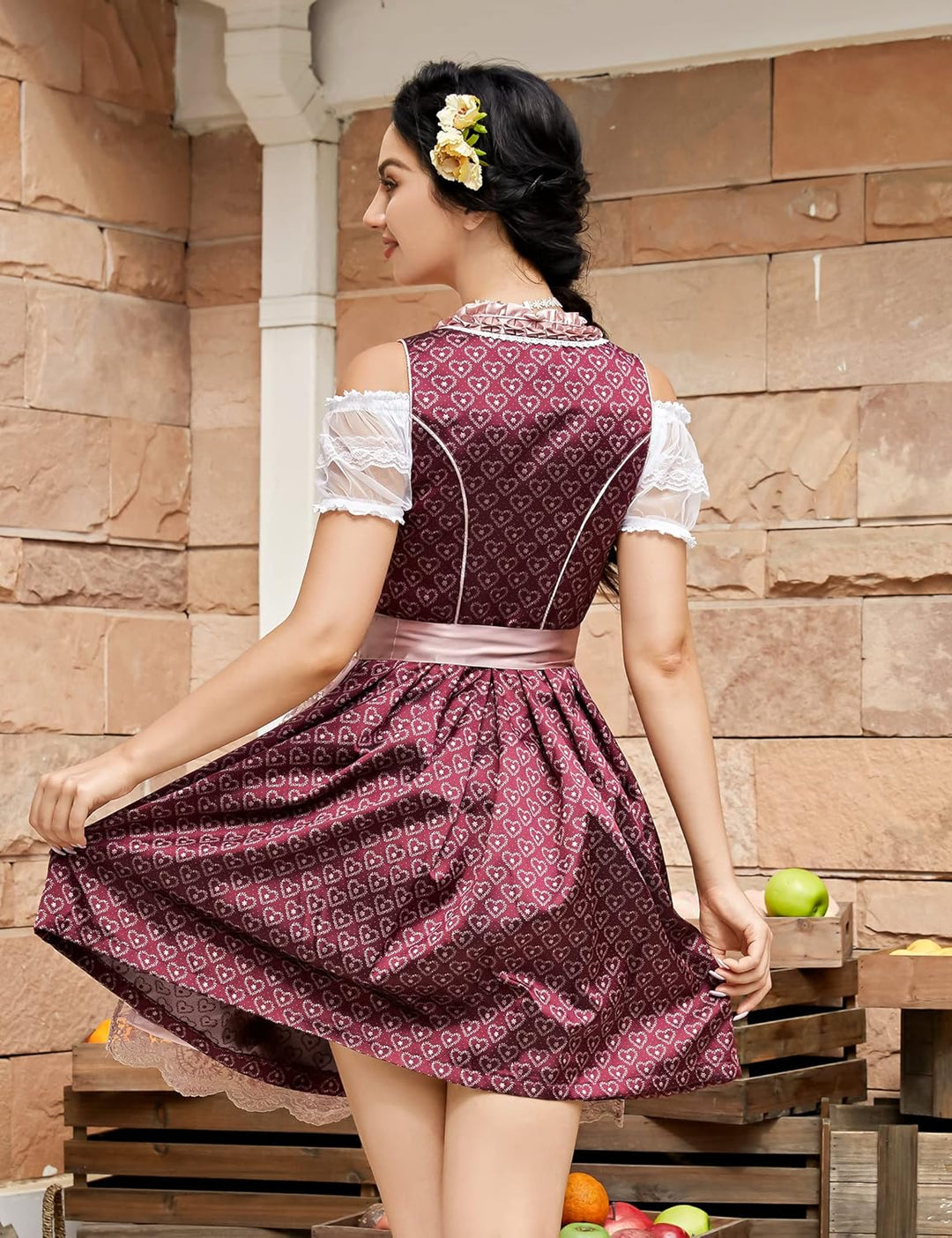 KOJOOIN Trachtenkleid Dirndl Kurz Damen Midi für Oktoberfest 3tlg.- DREI Teilig: Kleid, Bluse, Schür