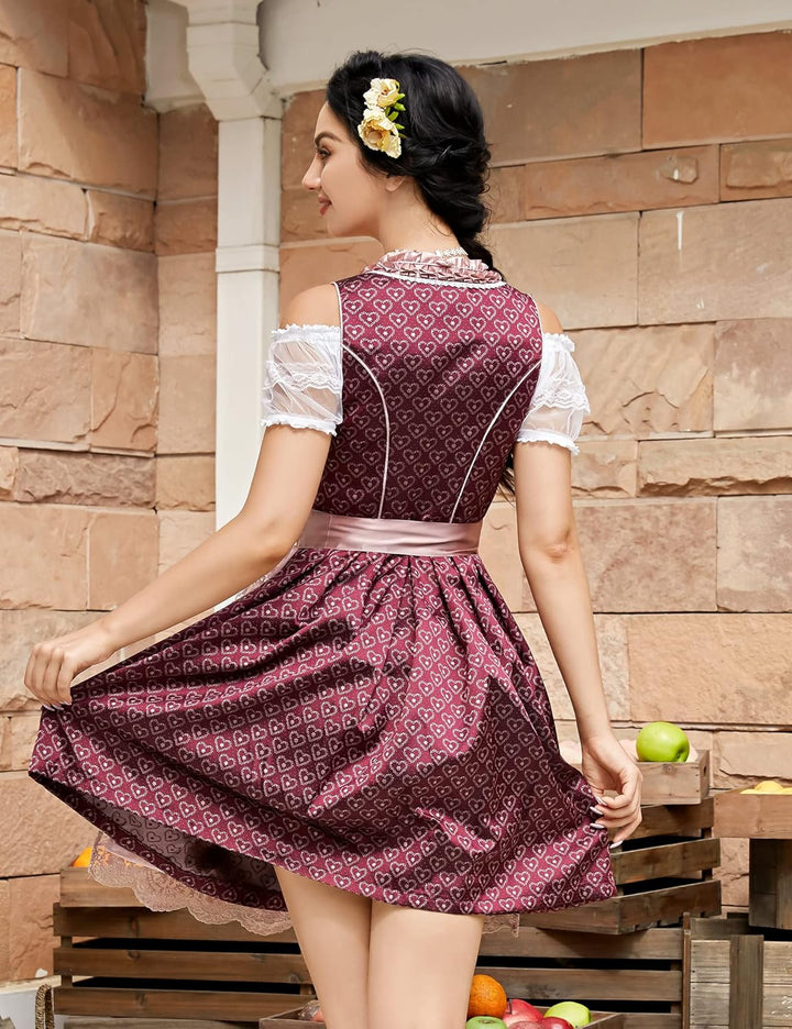 KOJOOIN Trachtenkleid Dirndl Kurz Damen Midi für Oktoberfest 3tlg.- DREI Teilig: Kleid, Bluse, Schür