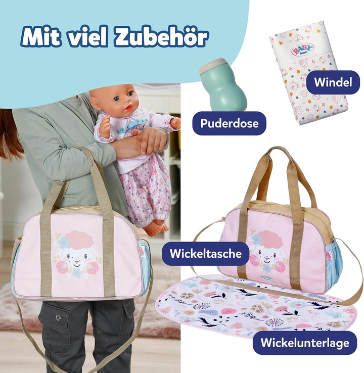 BABY Born Wickeltasche - Puppenwickeltasche mit Blumen-Design - Inkl. Wickelunterlage, Windel & Pude