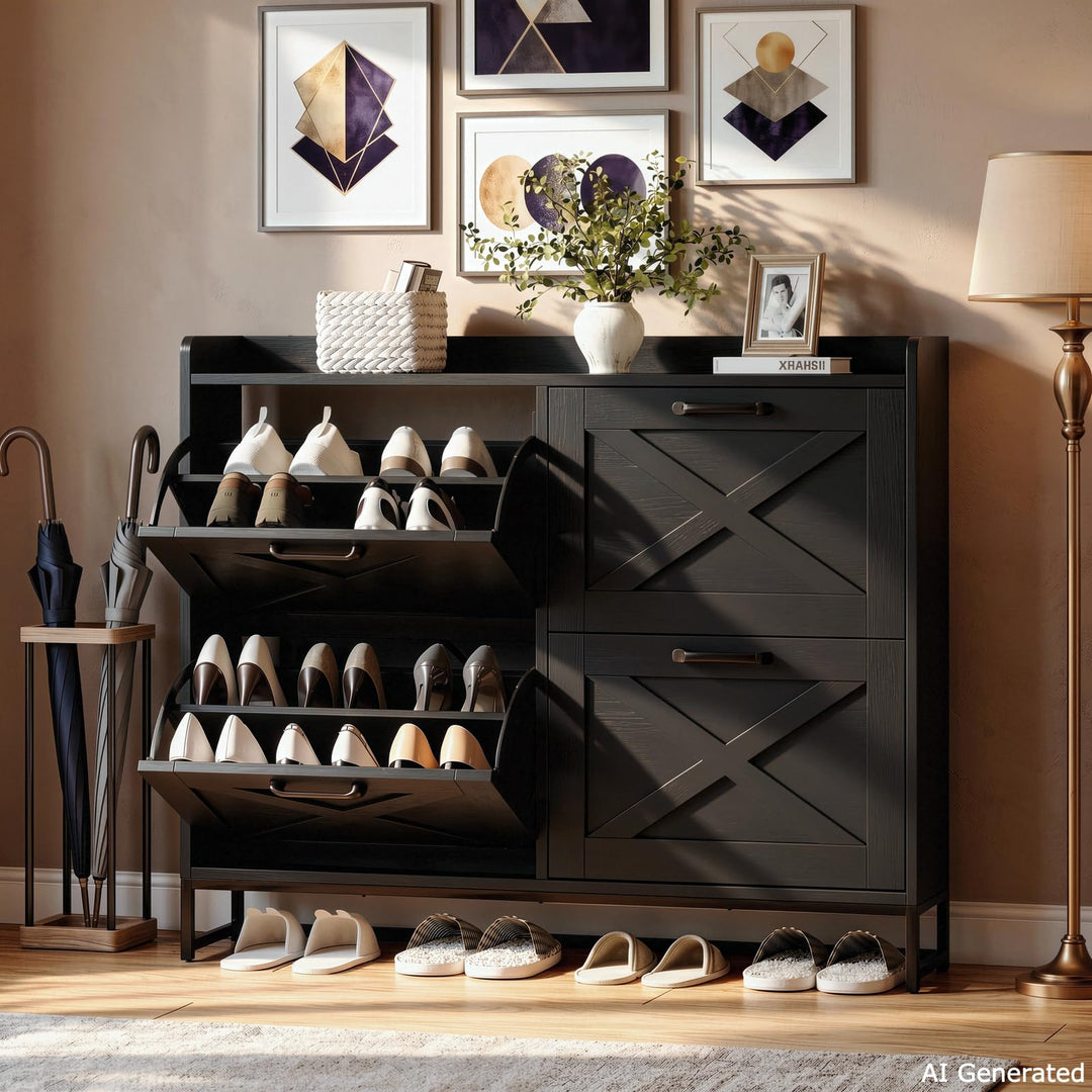 Schuhschrank 4 Klappen, 120x100x24 cm, stabilem Metallfuss, Schwarz | verstellbare Schuhablage für 1