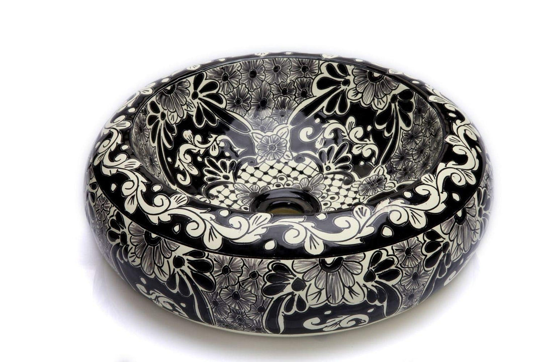Cerames Serena - Mexikanische Rund Aufsatzwaschbecken schwarz | 40 cm Keramik Talavera klein Waschbe
