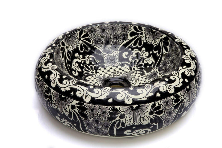 Cerames Serena - Mexikanische Rund Aufsatzwaschbecken schwarz | 40 cm Keramik Talavera klein Waschbe
