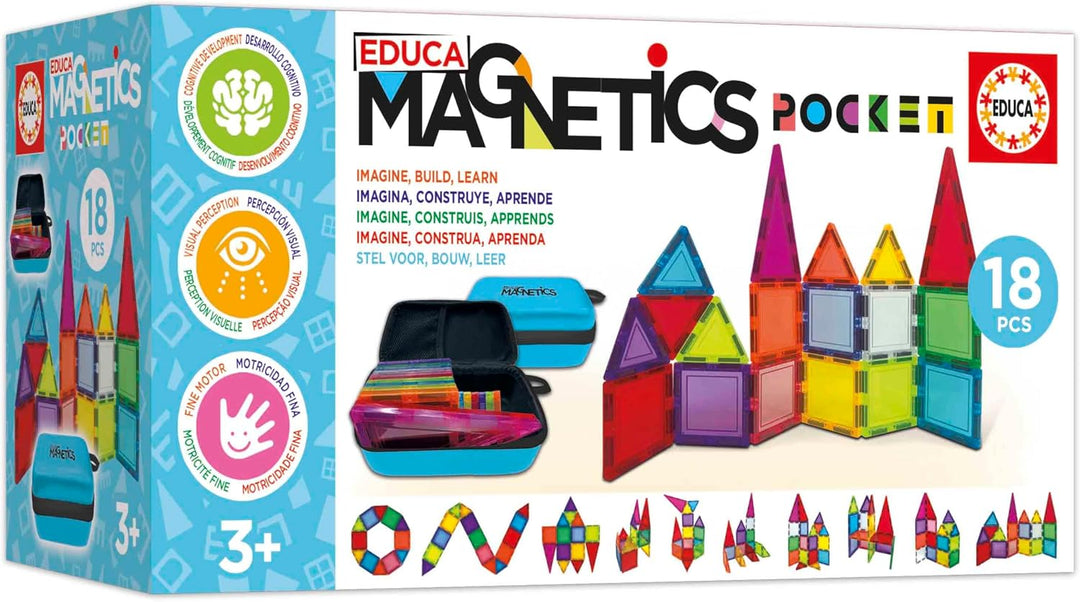 Educa - Magnetics Reisekoffer | Magnetbausteine Kinder 18 Teile im Koffer | Mit 2 Tieren &amp; 8 Karten