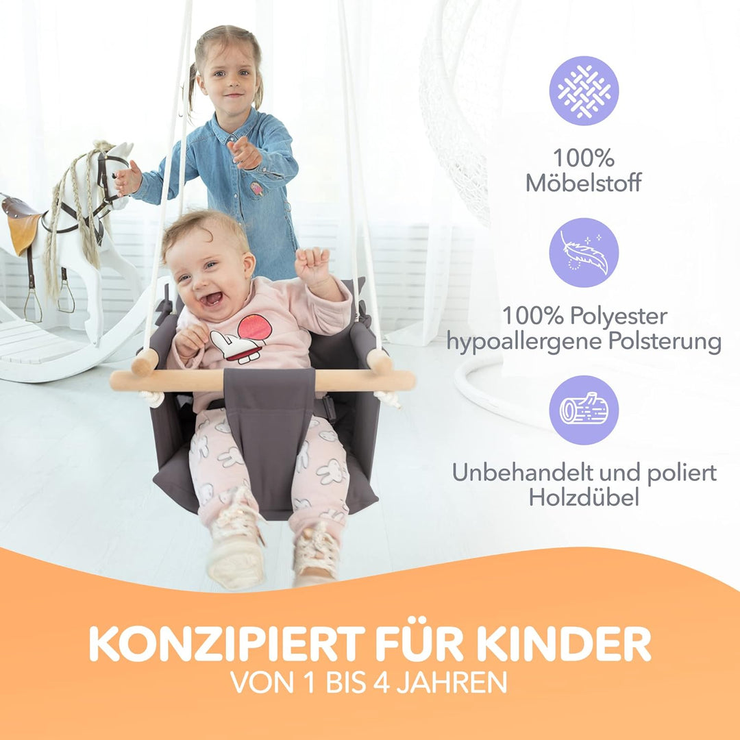Cateam Canvas Babyschaukel Blau - Hängesessel aus Holz für Baby mit Sicherheitsgurt und Montageteile
