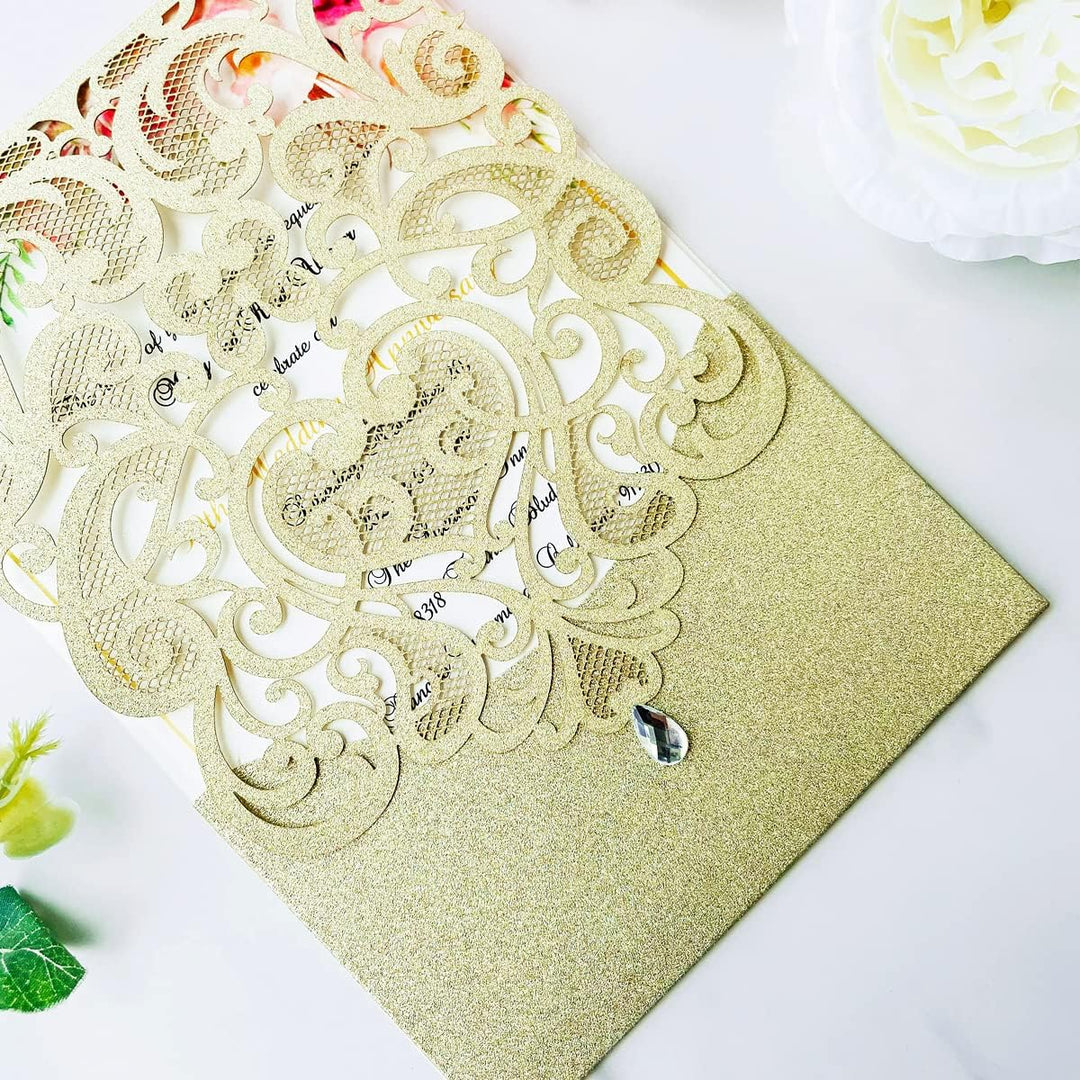 Hosmsua Blnak Hochzeitseinladungskarten mit Strass und Umschlägen, lasergeschnitten, Champagner-Gold