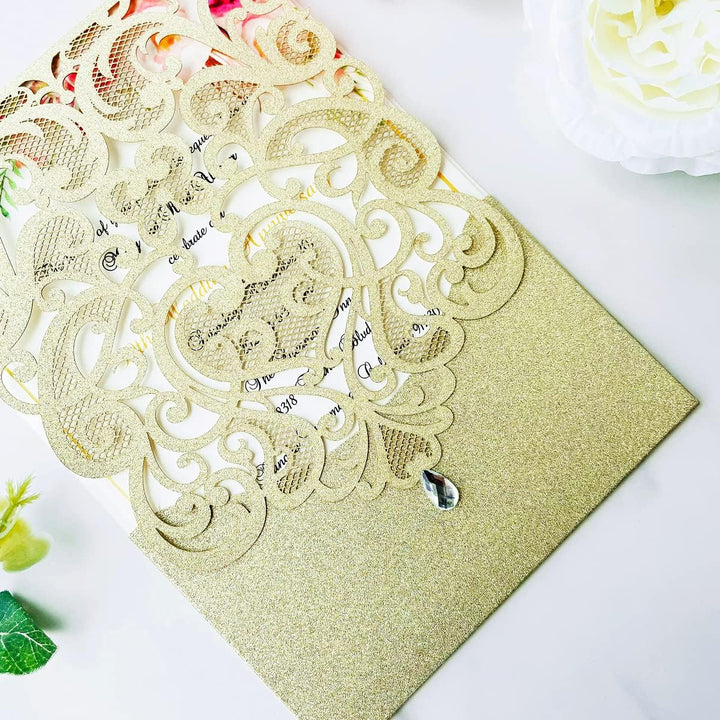 Hosmsua Blnak Hochzeitseinladungskarten mit Strass und Umschlägen, lasergeschnitten, Champagner-Gold