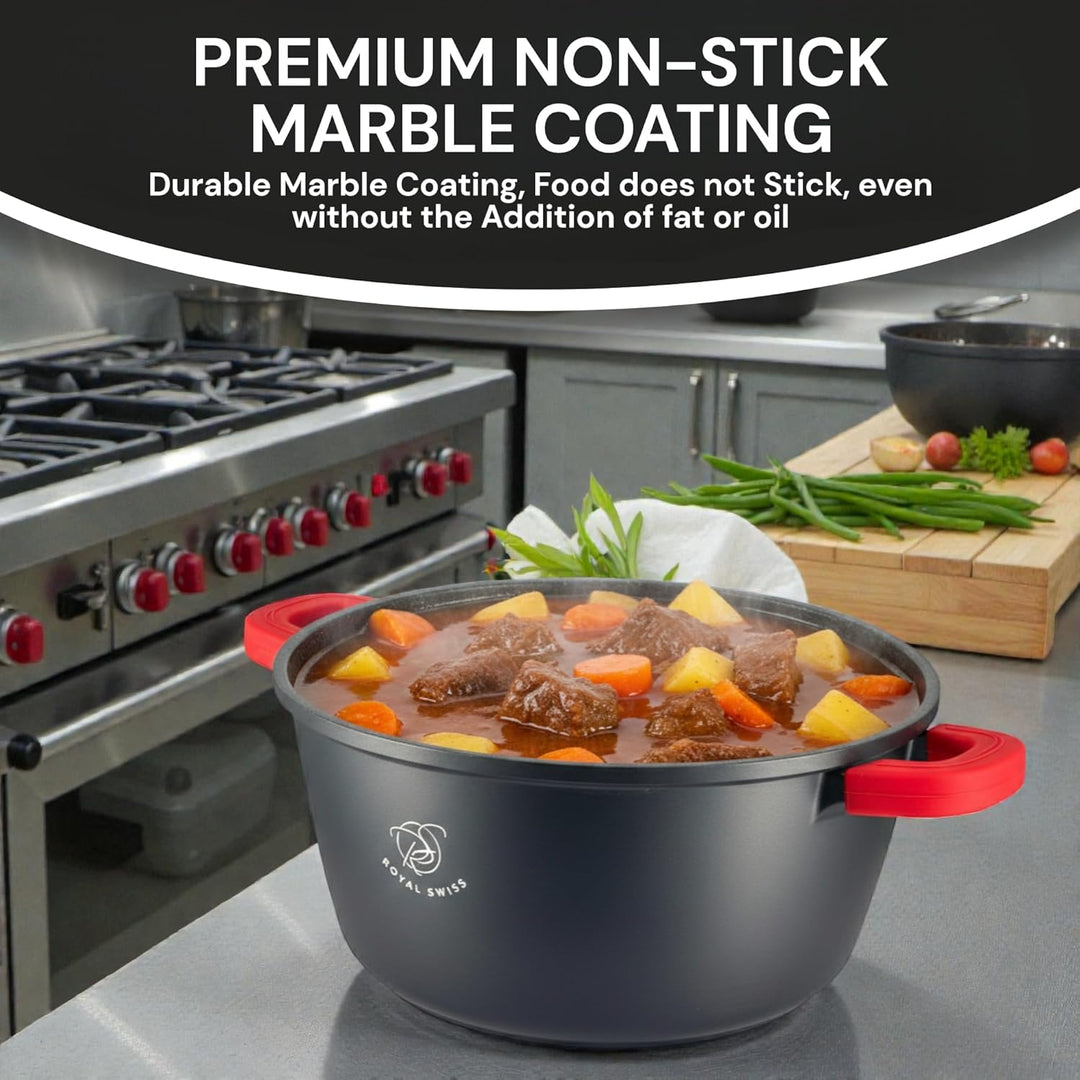 Royal Swiss Kochtopf, 24 cm, Schwarz, 4 l, Marmorbeschichtung, Glasdeckel, geeignet für Induktion &