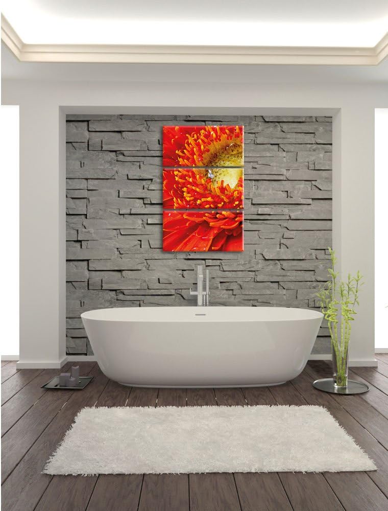 Pixxprint Gerbera Sonne Gras Blumen / 3-Teilig/Gesamtmass 120cm Leinwandbild bespannt auf Holzrahmen