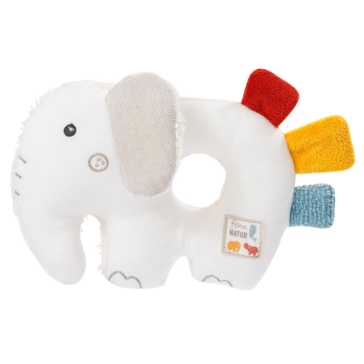Fehn 056075 Ring-Greifling Elefant fehnNATUR – Bio-Babyspielzeug mit Rassel und Raschelpapier für Ba