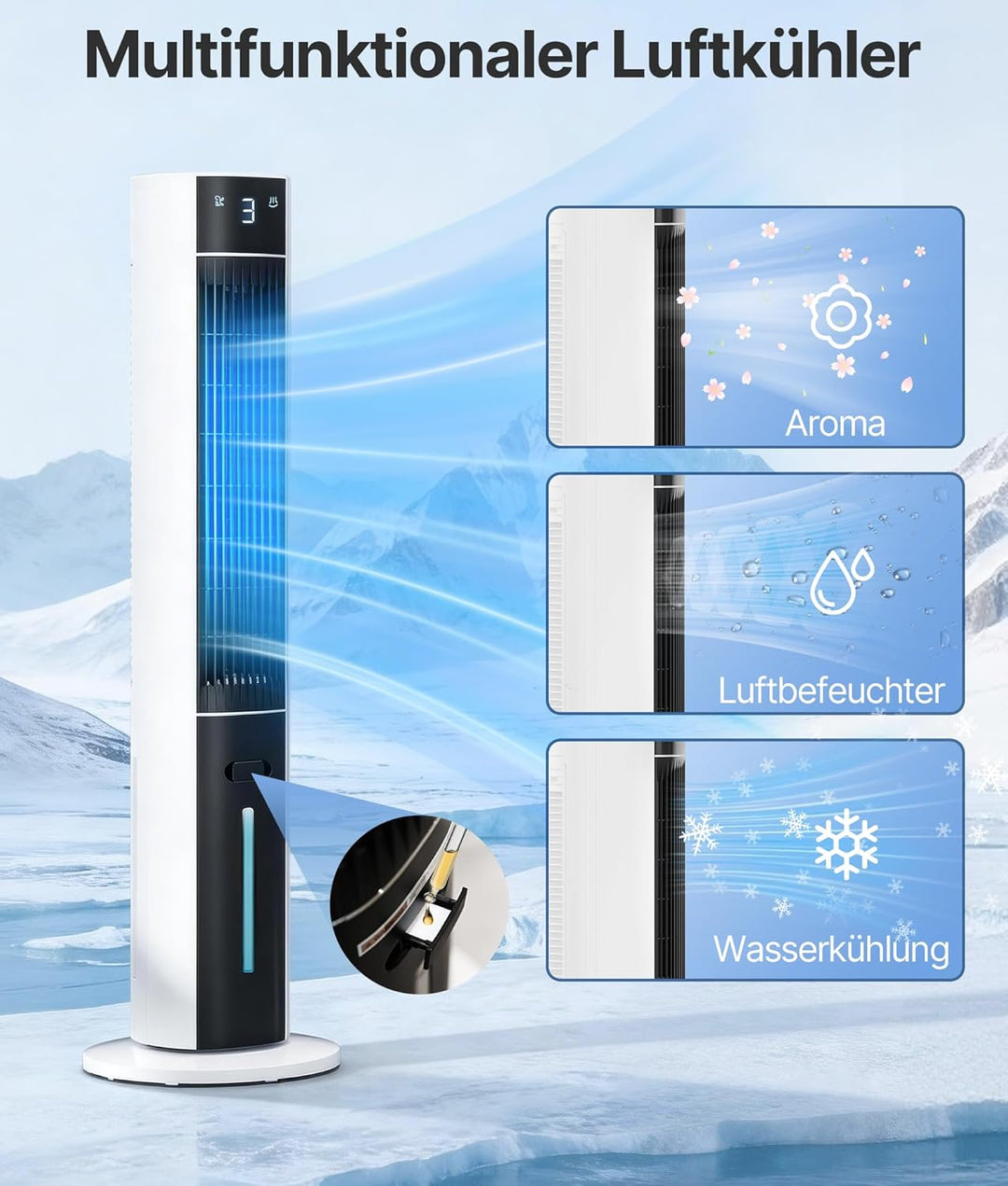 Turmventilator Luftkühler mit Wasserkühlung - Mobile Klimaanlage ohne Abluftschlauch, Ventilator mit