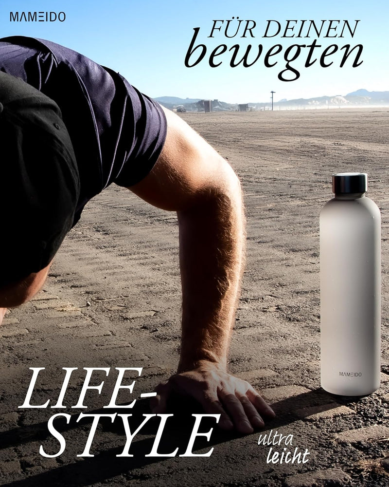 MAMEIDO Trinkflasche 1l & 1,5l Kohlensäure geeignet, auslaufsichere Trinkflasche mit Zeitmarkierung