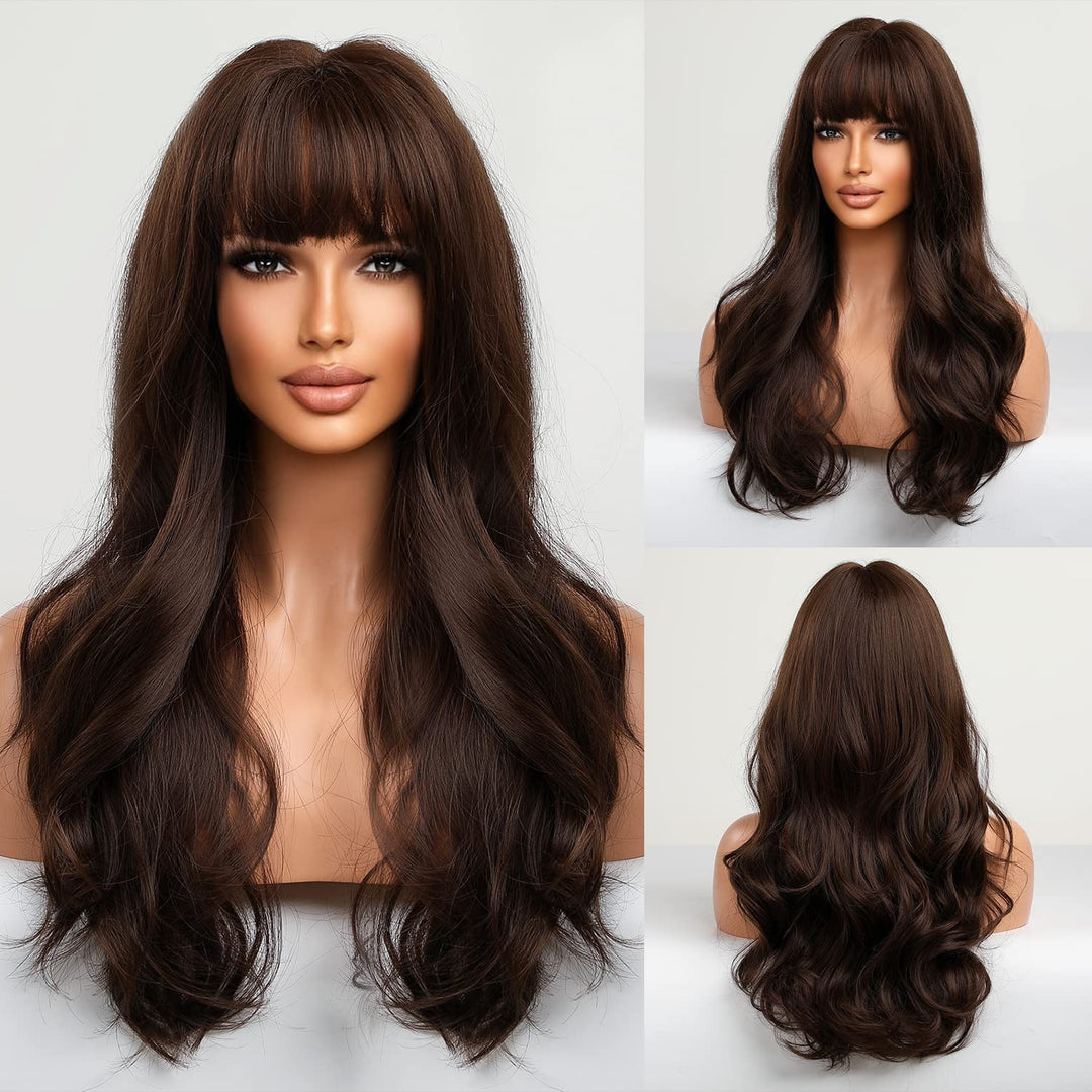 HAIRCUBE Lange braune Perücke mit Pony Welle Lockige Perücken für Frauen 26 Zoll Hitzebeständige nat