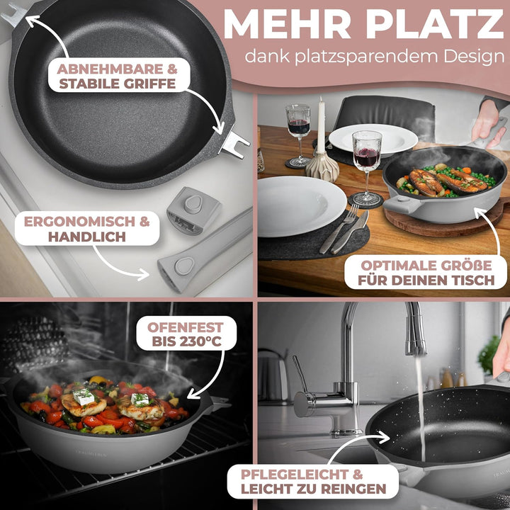Bratpfanne 28 cm mit Deckel, abnehmbaren Griffen & Antihaftbeschichtung, PFOA-frei, für Induktion ge