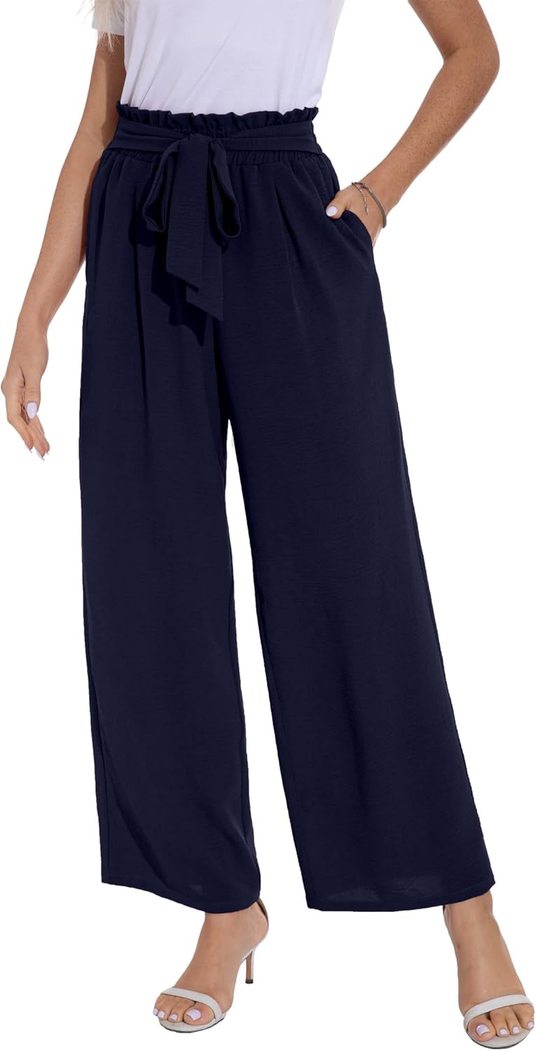 PrinStory Damen Hose Mit Weitem Bein Leichte Elastische Taille Sommer Hose Mit Taschen Kausale Arbei