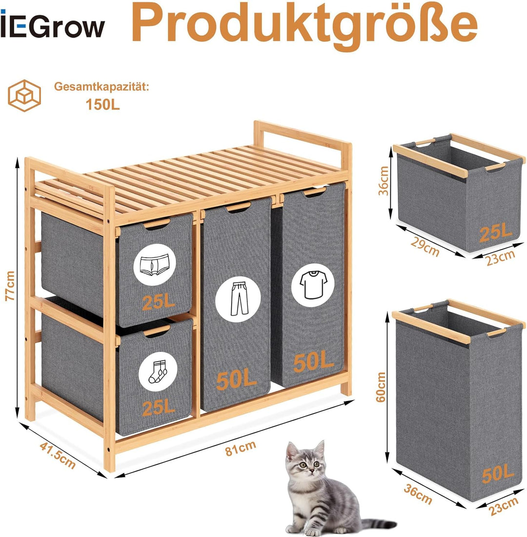 iEGrow Wäschekorb 4 Fächer 150L, Wäschesammler 4 Fächer, Bambus Wäschewagen mit Ablage für Schmutzwä