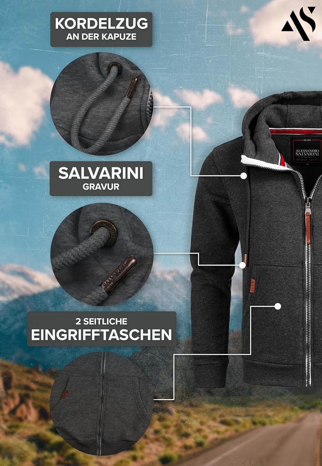 ALESSANDRO SALVARINI Herren Sweatjacke Kapuzenpullover Jacke Hoodie Kapuze Sweater AS292 L Dunkelgra