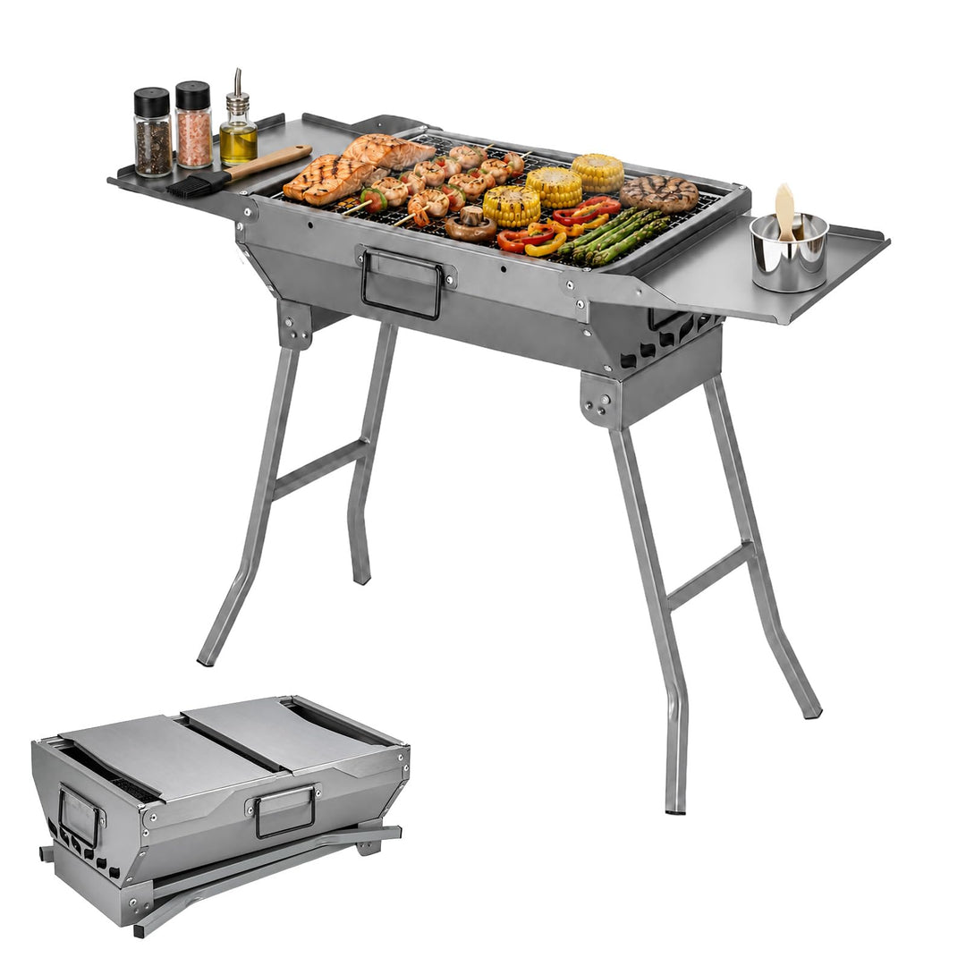 Klappgrill BBQ Set Tragbarer Holzkohlegrill mit 2 Seitenablagen, 28,5 x 77 x 55 cm Faltbar Grill Sch