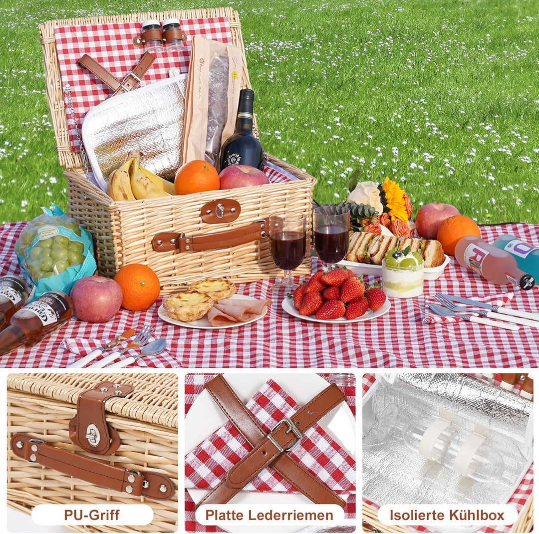 Picknickkorb für 2 Personen, Picknickkorb-Set mit Kühlfach und wasserdichte Picknickdecke, Besteck S