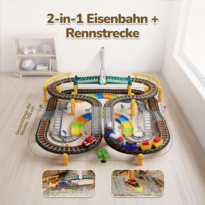 Kinderplay Elektrische Eisenbahn mit Rennbahn - Bahngleise, Autorennbahn, Batteriebetriebener Zug, 2