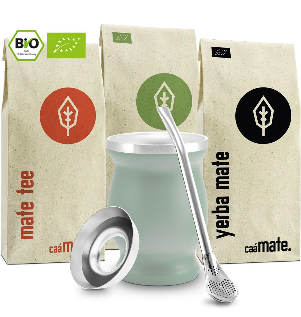 Mate Tee Set Bio ● 3 Matesorten + doppelwandiger Edelstahl Matebecher + Bombilla + Zubereitungsanlei