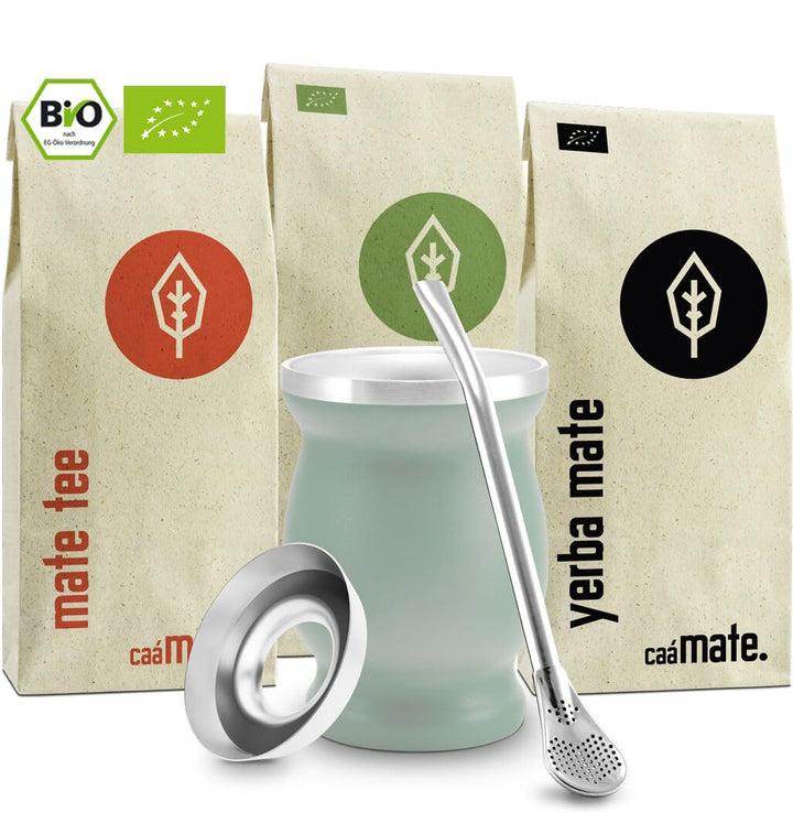 Mate Tee Set Bio ● 3 Matesorten + doppelwandiger Edelstahl Matebecher + Bombilla + Zubereitungsanlei