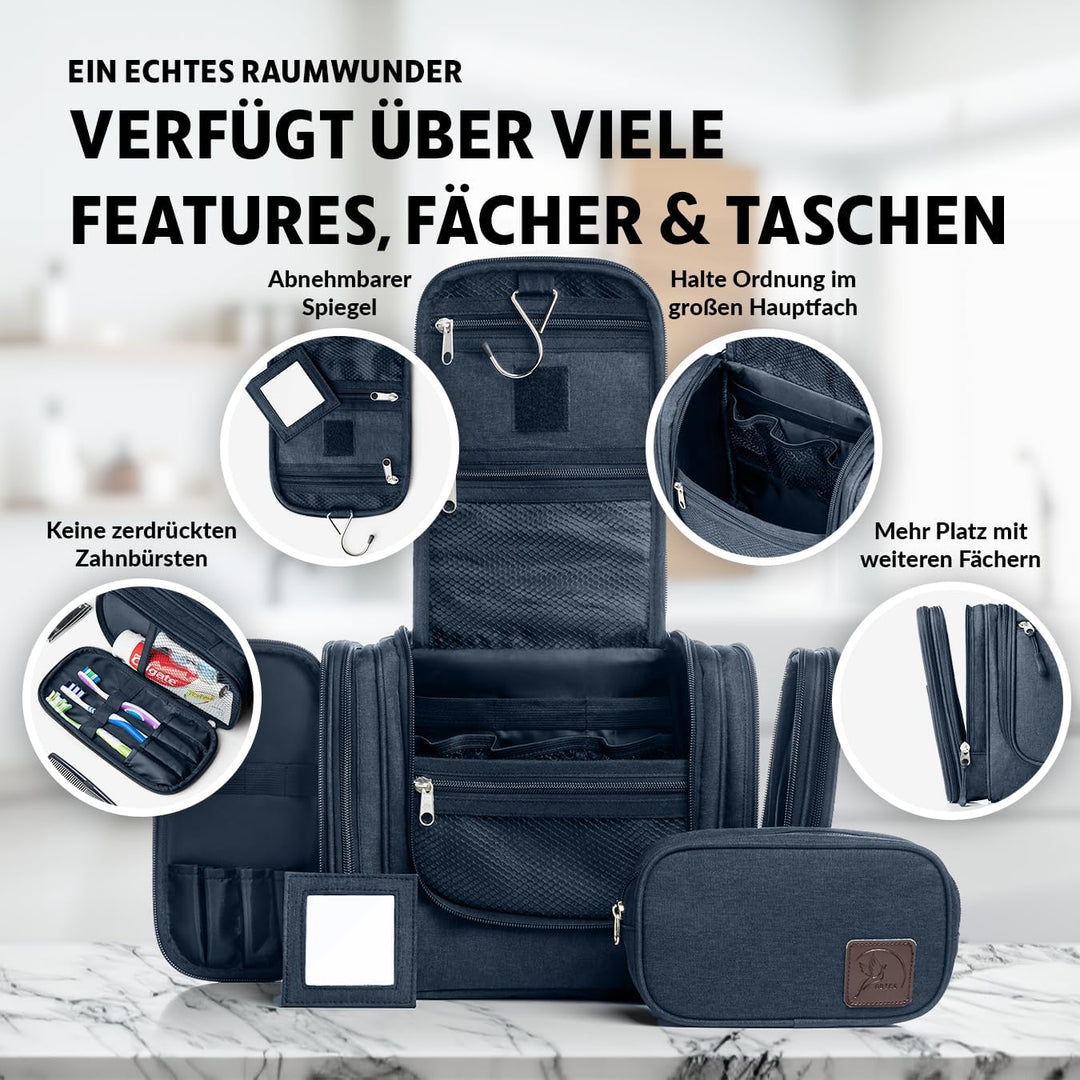Obics Kulturbeutel Herren & Damen Gross blau 8L XL - Kulturtasche zum Aufhängen & mit Spiegel - Kosm