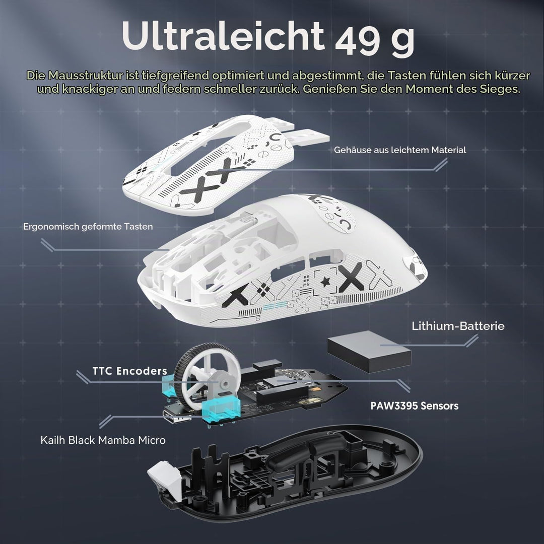 ATTACK SHARK X3 Pro 4K/8K Hz Maus, 49 g SUPERLEICHT, PixArt PAW3395 Gaming-Sensor, BT/2,4G kabellose