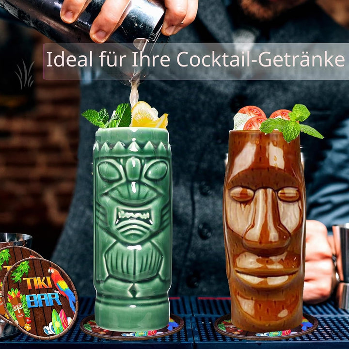 Tiki Tassen Cocktail Set von 2 - Becher aus Keramik, hawaiianische Partybecher, Trinkgeschirr, niedl