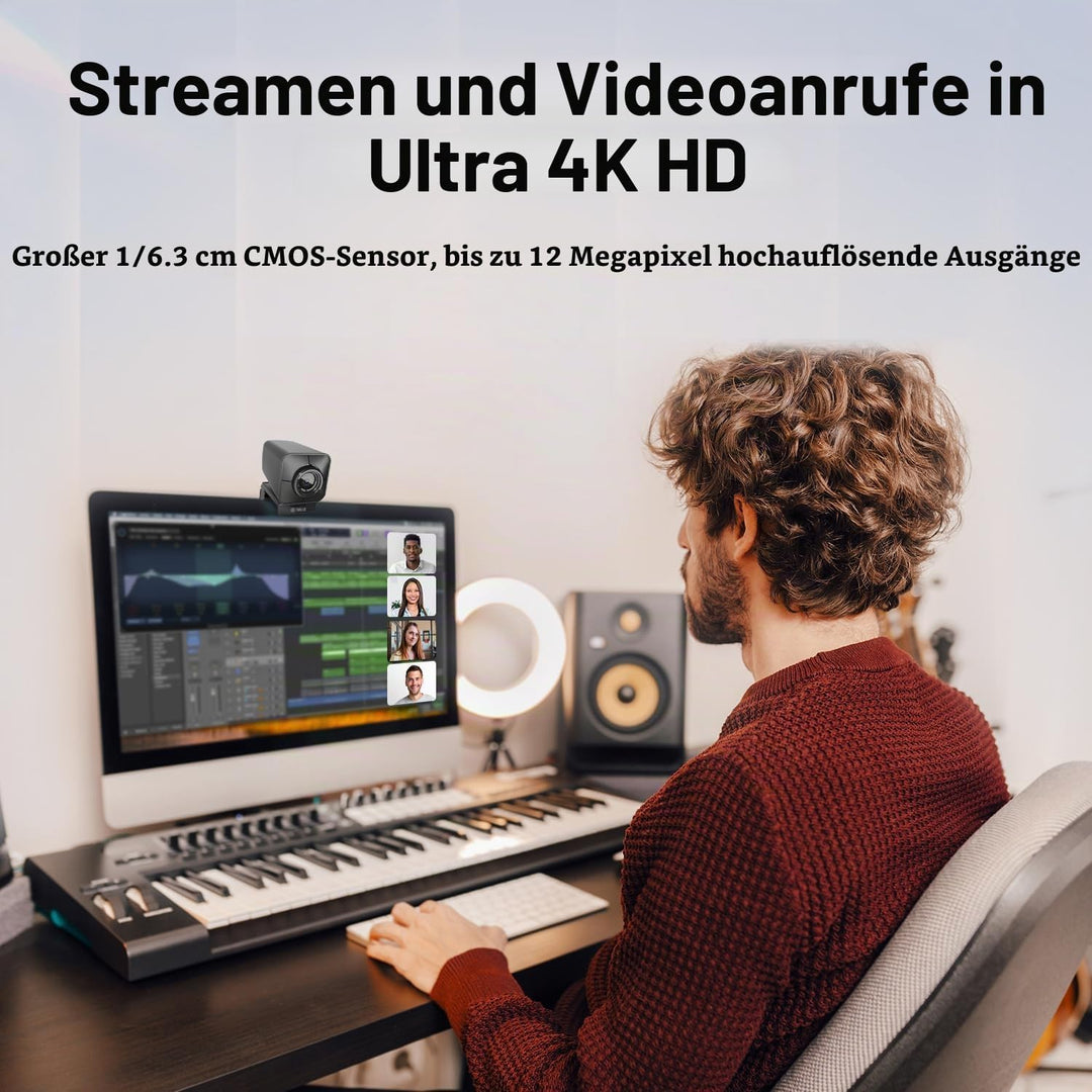 TOALLIN Ultra HD 4K Webcam mit Fernbedienung, Schneller PDAF-Autofokus, Zwei Mikrofone mit Rauschunt