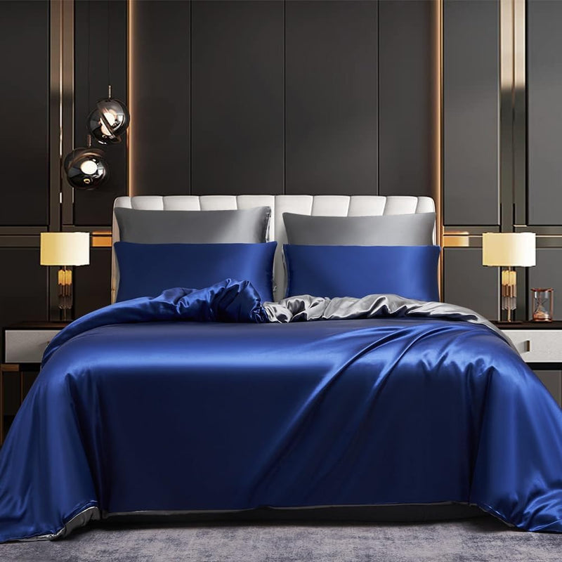 Bettwäsche Satin 155x220 Blau Dunkelblau Grau Seide Glänzend Glatt Bettwäscheset Glanzsatin Sommer U