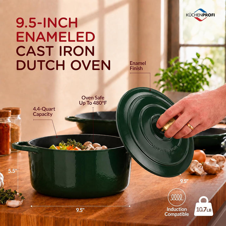 Küchenprofi Gusseisen Bräter mit Deckel, grün/innen schwarz , 24 cm, Schmortopf, Auflaufform, Dutch