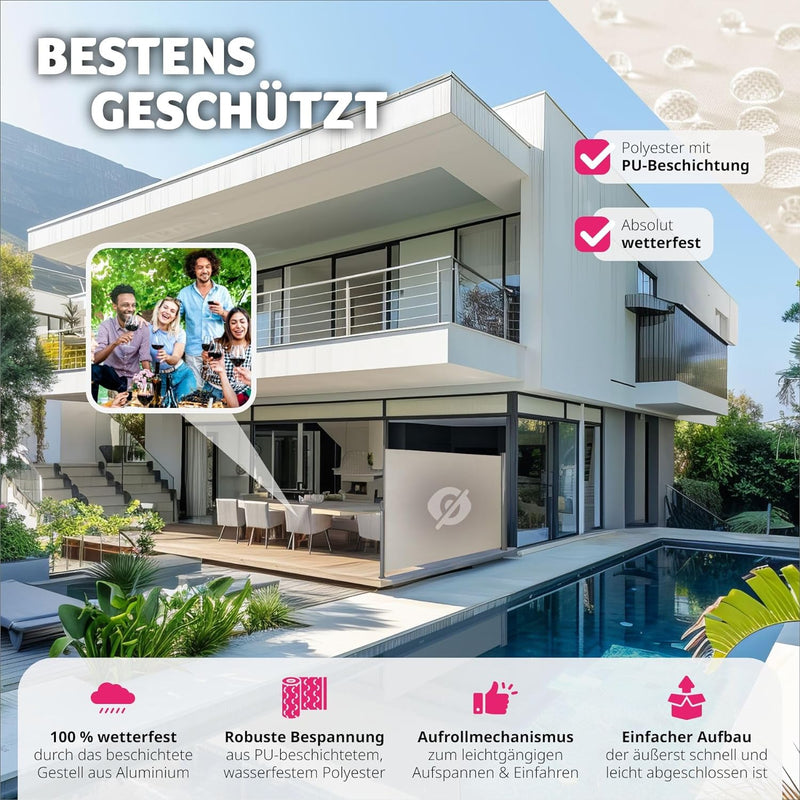 tectake blickdichte Aluminium Seitenmarkise, Wind- und Sichtschutz für Balkon, Garten und Terrasse,