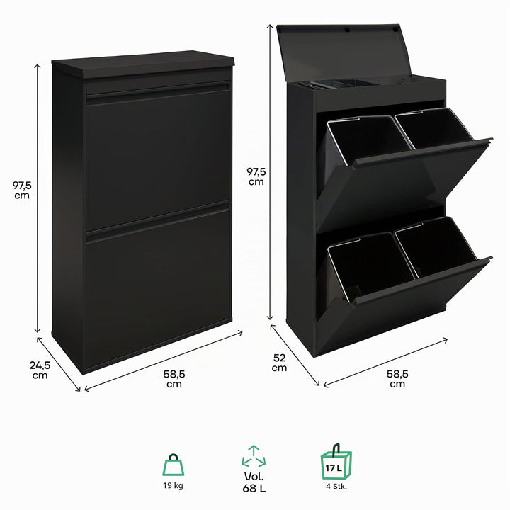 ARREGUI Top CR626-B Mülltrennsystem aus Stahl mit Aufbewahrungsbox mit Deckel | 4 Fächer Mülleimer f