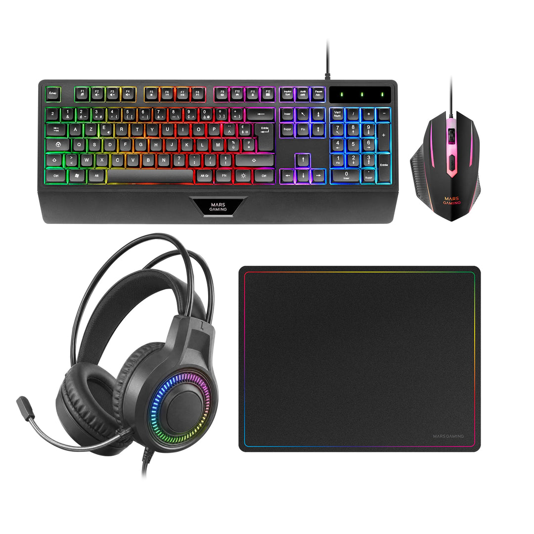 Mars Gaming MCP124PRO, Spanisch, Gaming-Combo 4in1, RGB H-Mech-Tastatur mit Handballenauflage, RGB-M