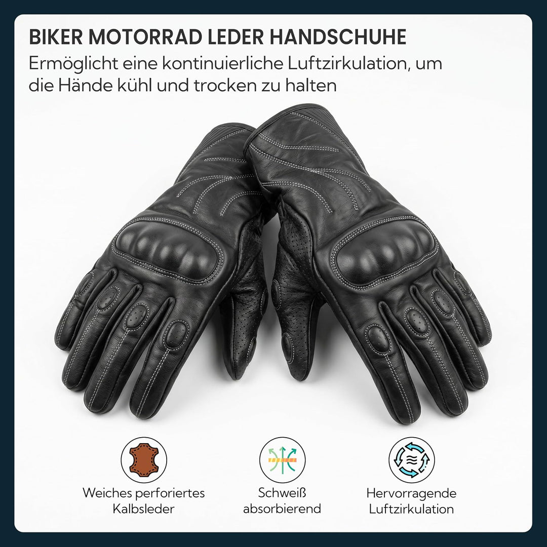 German Wear Motorradhandschuhe Motorrad Biker Lederhandschuhe Schwarz 8=m, 8=m