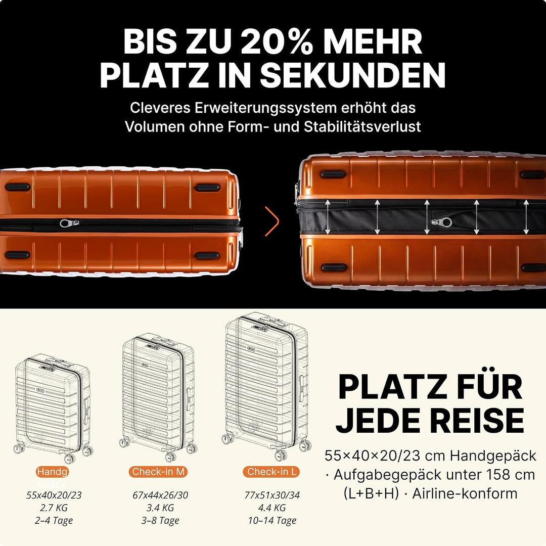 Eminent Voyager Kofferset 3-Teilig, Erweiterbar, Hartschalenkoffer, 4 Rollen, Leicht, TSA Schloss, H