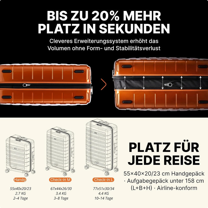 Eminent Voyager Kofferset 3-Teilig, Erweiterbar, Hartschalenkoffer, 4 Rollen, Leicht, TSA Schloss, H