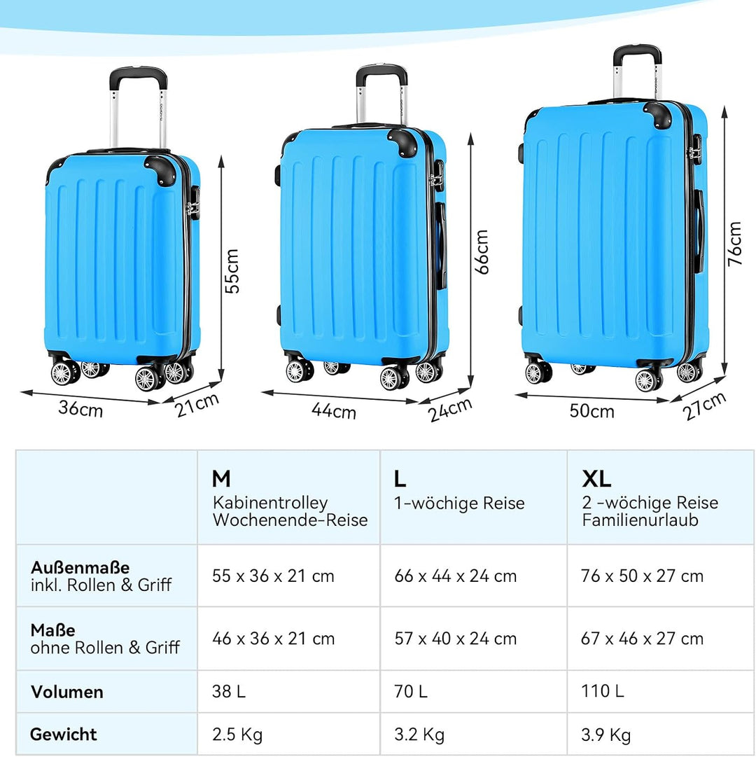 BEIBYE Hartschalen-Koffer Trolley Rollkoffer Reisekoffer Handgepäck 4 Rollen (M-L-XL-Set) (Turquoise