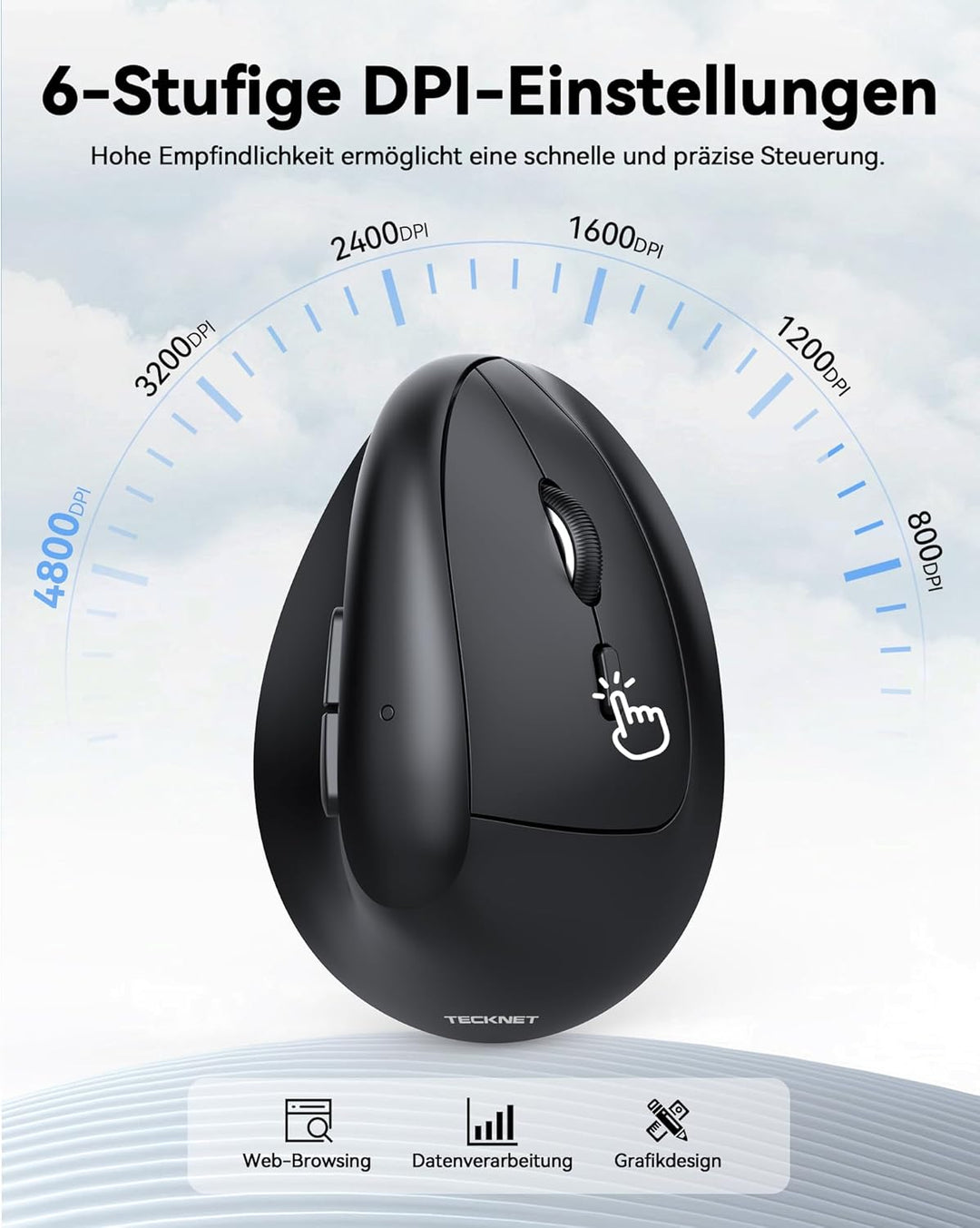 TECKNET Ergonomische Maus, 2.4G Vertikale Optische Funkmaus mit USB Empfänger, 4800 DPI Sensor, Leis