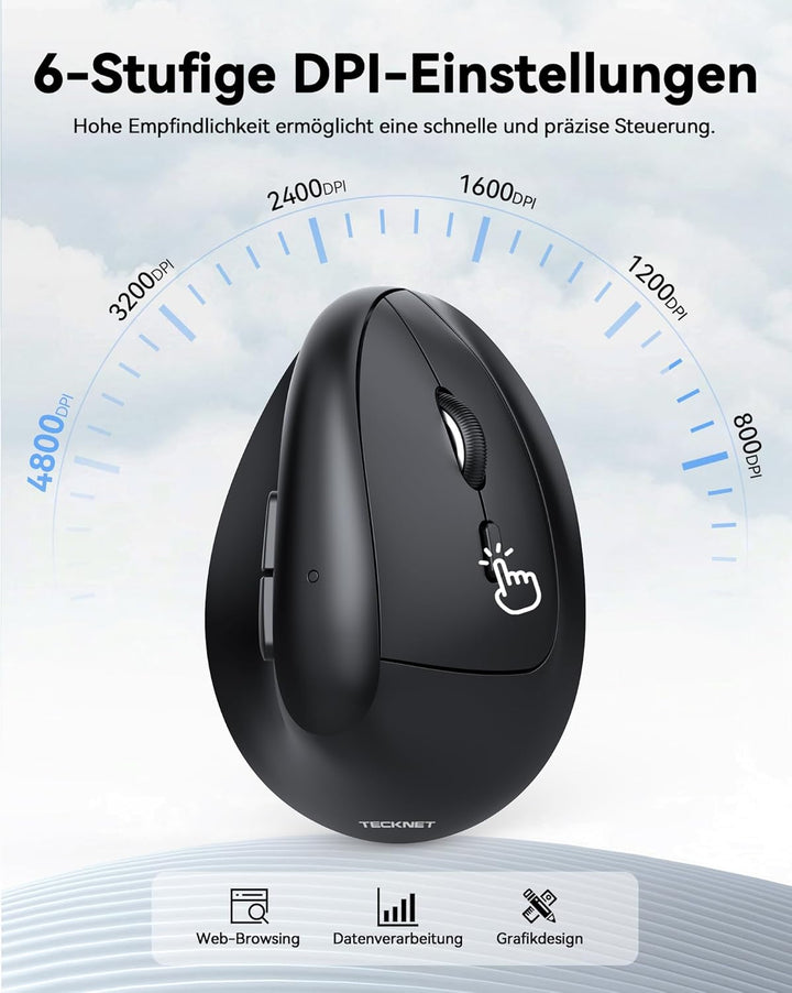 TECKNET Ergonomische Maus, 2.4G Vertikale Optische Funkmaus mit USB Empfänger, 4800 DPI Sensor, Leis