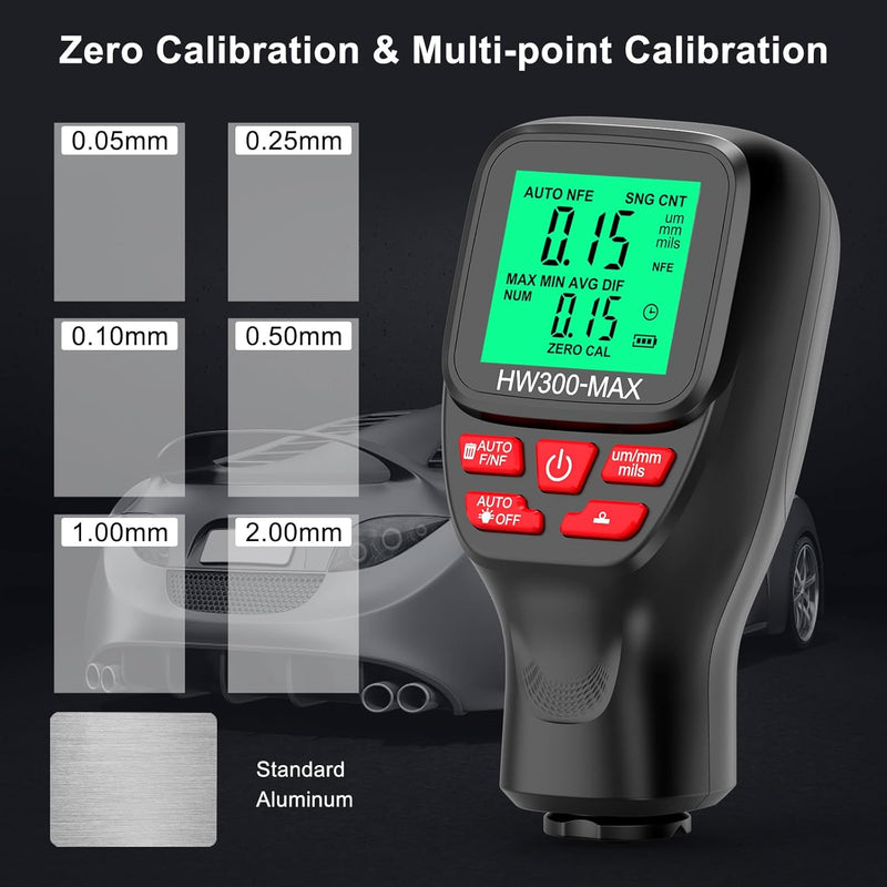 Shkalacar Schichtdickenmessgerät Handheld 0-2000μm, Dickenmessgerät mit LCD-Anzeige,Einheitenumrechn