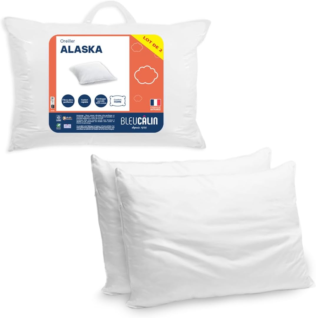 Blau Câlin 2er-Set Kissen mit festem Komfort 'Alaska', super Füllung, Hülle aus 100% Perkal-Baumwoll