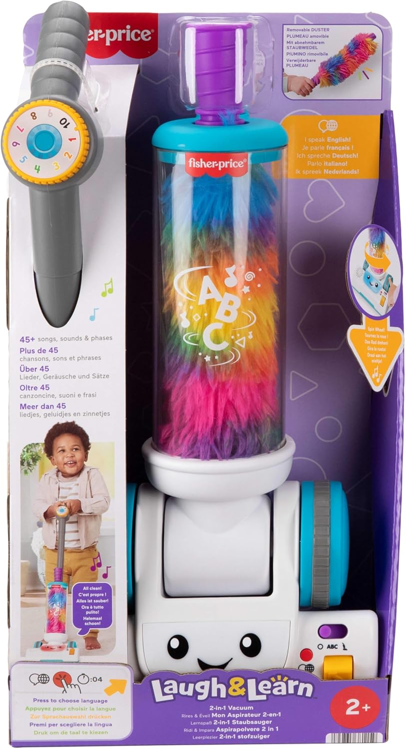 Fisher-Price Lernspass-Spielzeug für Kleinkinder, 2-in-1-Staubsauger mit Staubwedel, Lichter und Mus