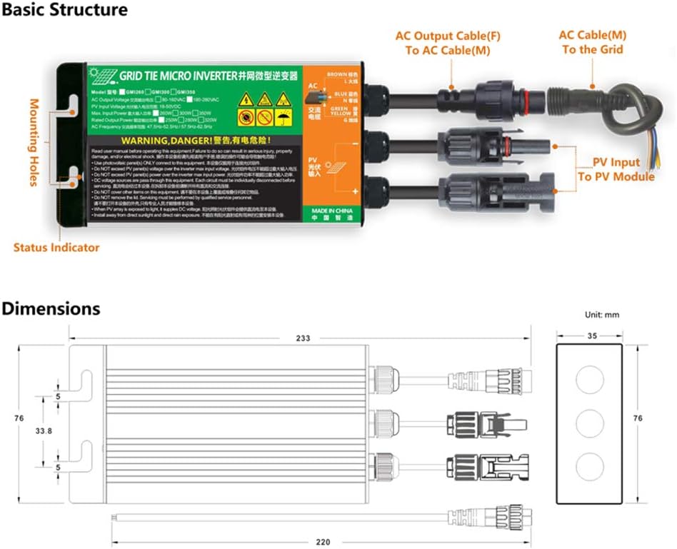 SOGTICPS 350W netzgekoppelter Solar-Wechselrichter MPPT Reiner Sinus DC18V-50V Eingang AC180-260V Au