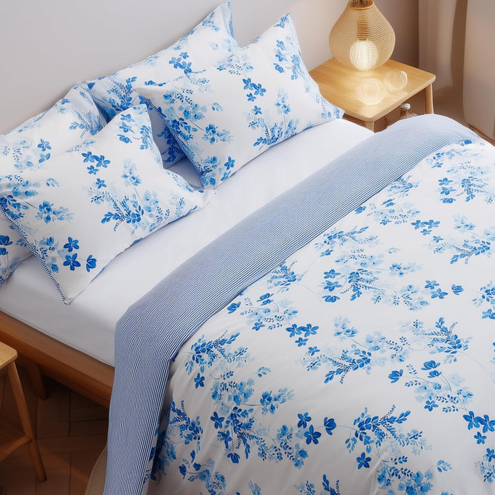 LERUUM Bettwäsche Set 135X200 Baumwolle Streifen Blumen Reversibel Blau Bettbezugen (135 x 200 + 80
