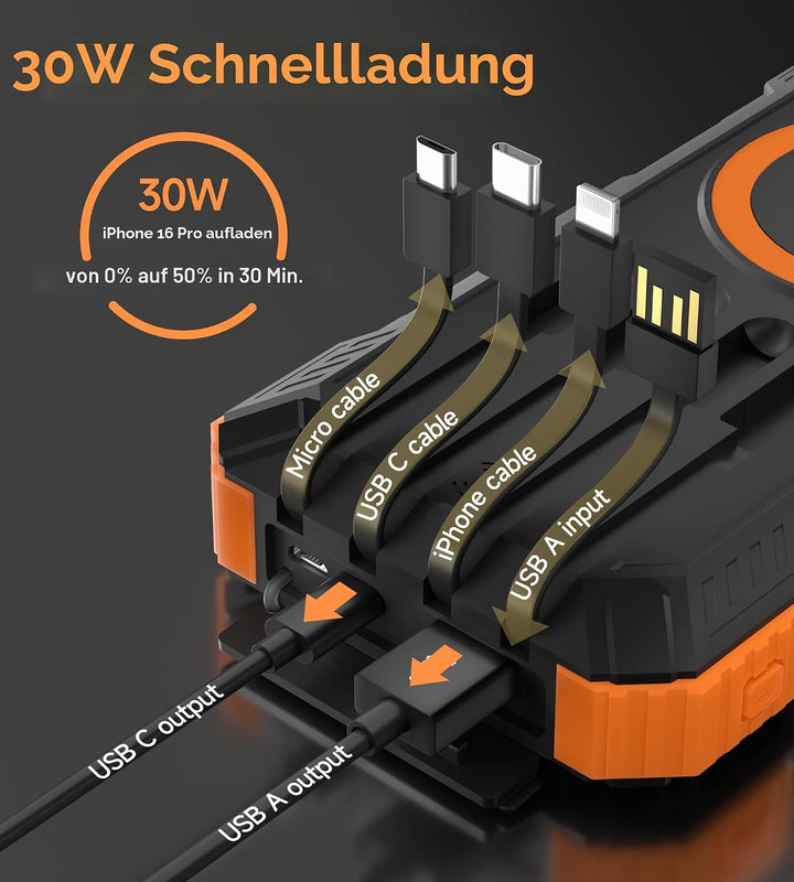 56800mAh Solar Powerbank, Wireless Power Bank gross mit 4 Kabeln, 30W PD Schnellladefunktion, 6 Ausg