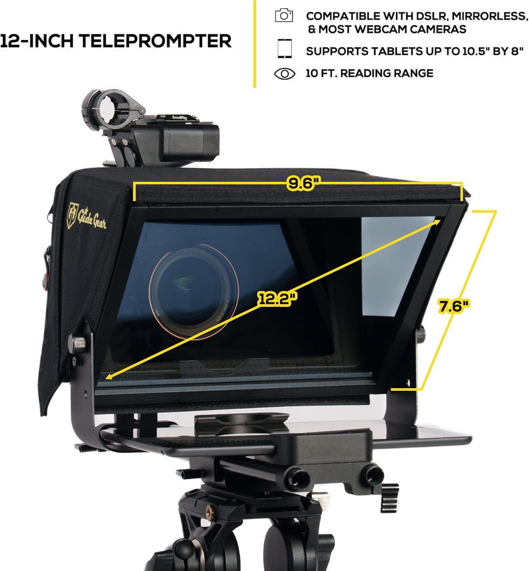 Glide Gear TMP 500 Universal-Videokamera-Stativ, Teleprompter, 15 mm Schienen, mit Tragetasche 15",