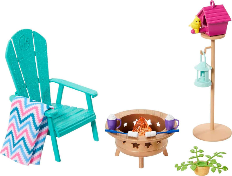Barbie Möbel- und Zubehör-Set, Barbie Puppenhaus-Dekoration für Garten, Terrasse, Lagerfeuer, Vogelf