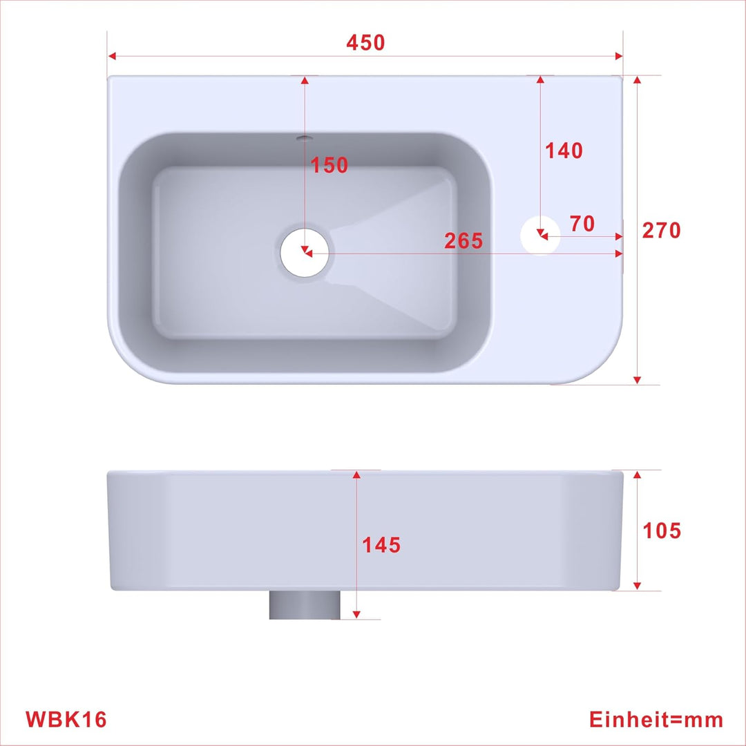 Waschbecken Keramik Waschtisch Hängewaschbecken klein Handwaschbecken Weiss Eckig 45 x 27 cm Badezim