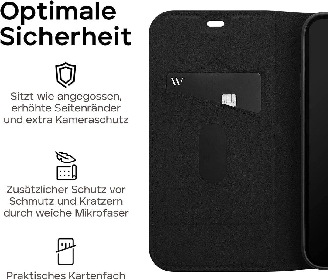 WIIUKA Hülle für iPhone 14 Pro, Leder aus Deutschland, mit Kartenfach, extra Dünn, Handyhülle mit St